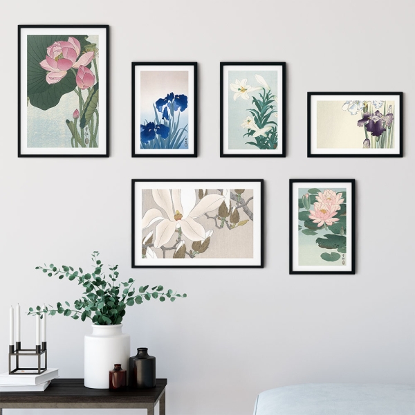 Bilderwand Koson - Flowers 4x 20x30 cm - 2x 30x45 cm | Schwarz | Kunstglas (2 mm)