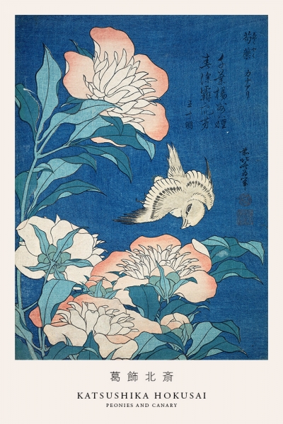 Katsushika Hokusai - Peonies and Canary Variante 1 | 60x90 cm | Premium-Papier