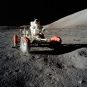 Astronaut Eugene A. Cernan, commander of Apollo 17, drives the Lunar Roving Vehicle Variante 1