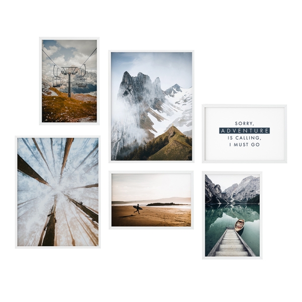 Bilderwand Adventure 4x 20x30 cm - 2x 30x45 cm | weiß | Kunstglas (2 mm)