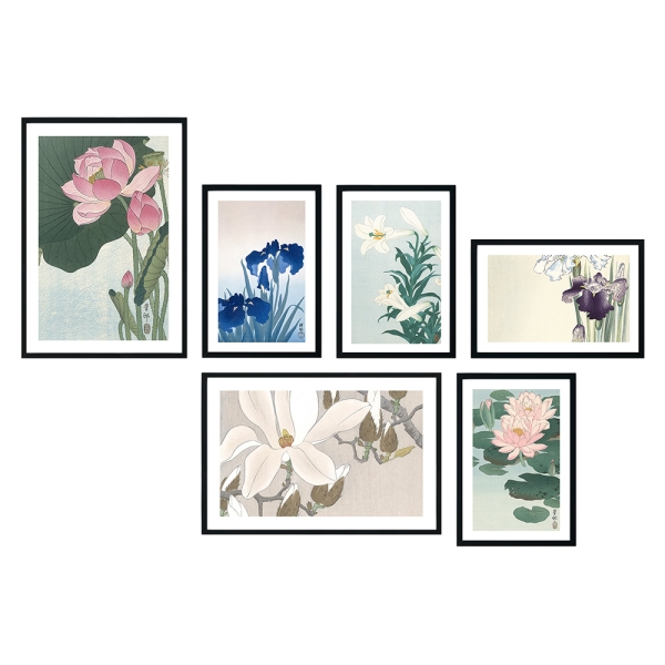 Bilderwand Koson - Flowers 4x 20x30 cm - 2x 30x45 cm | Schwarz | Kunstglas (2 mm)